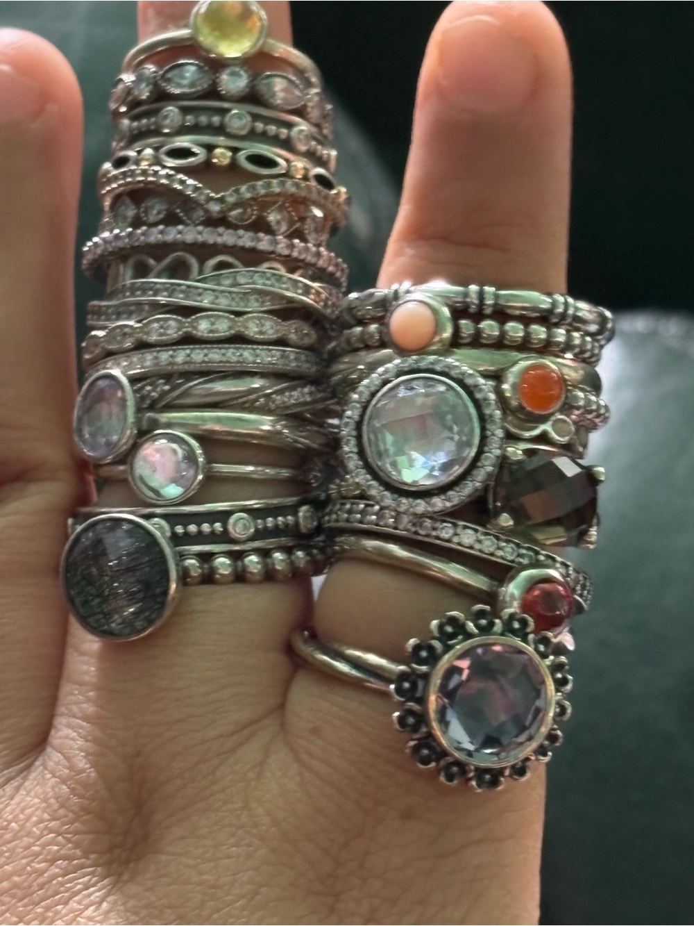 Pandora Sterling Stackable Rings with Iridescent and Coral Accents